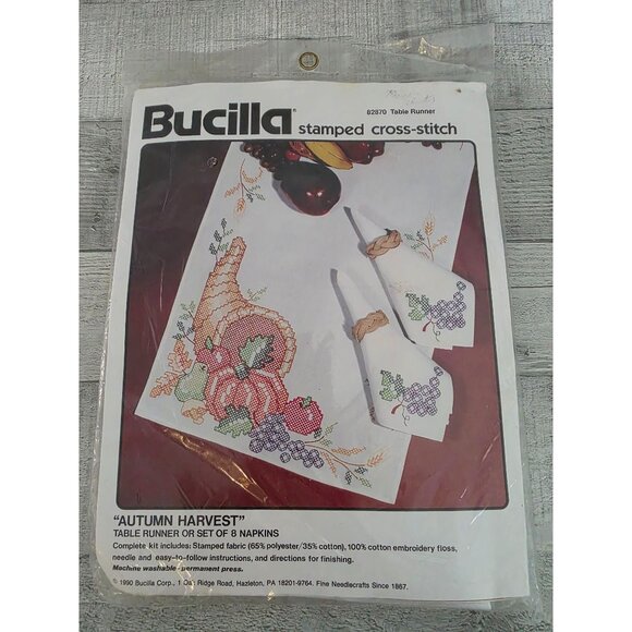 Bucilla Stamped Cross-Stitch Kit Autumn Harvest Table Runner & Napkins - Picture 1 of 4
